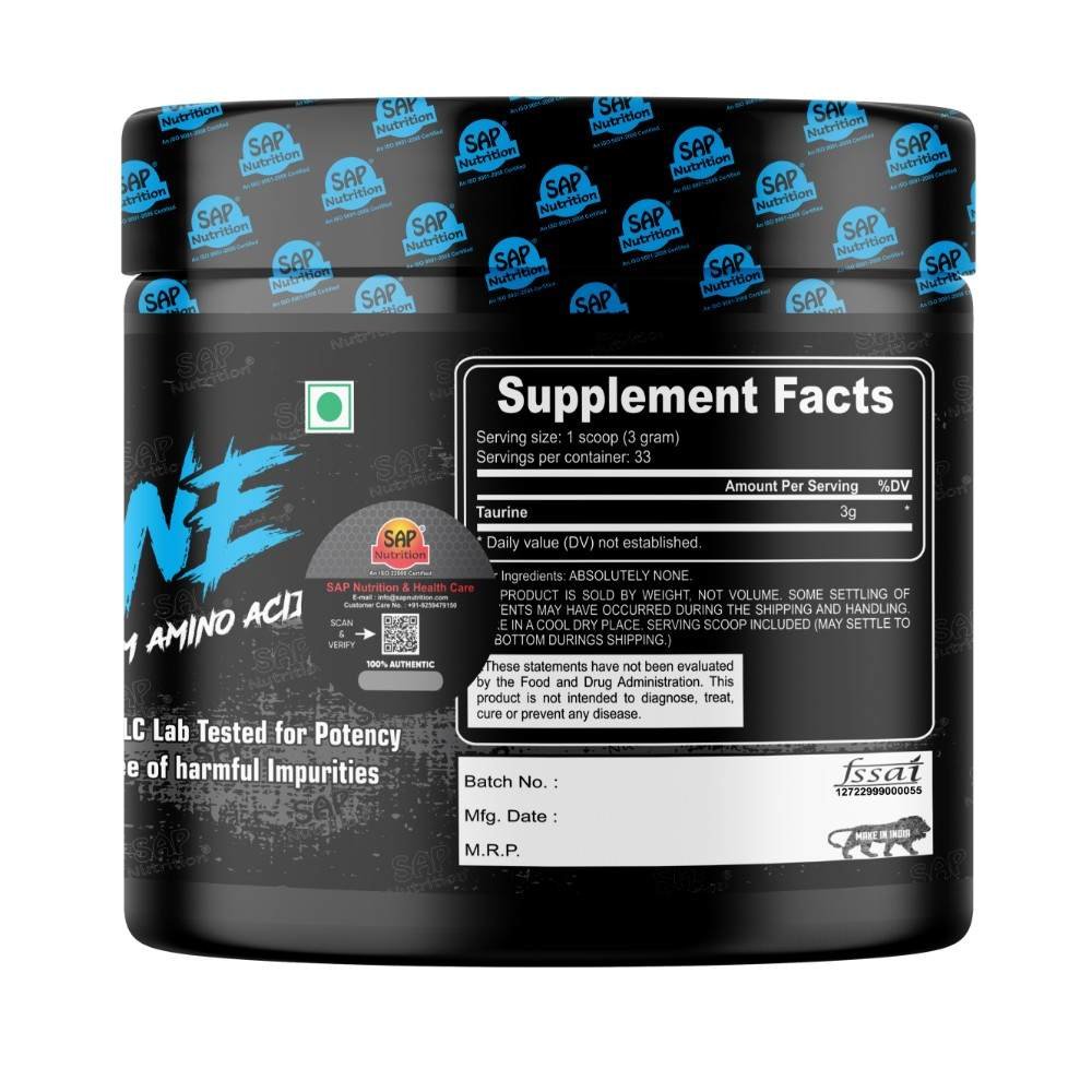 SAP Nutrition Taurine Powder | Free-Form Amino Acid | No Fillers or Excipients | HPLC Lab Tested | 100g - Image 3