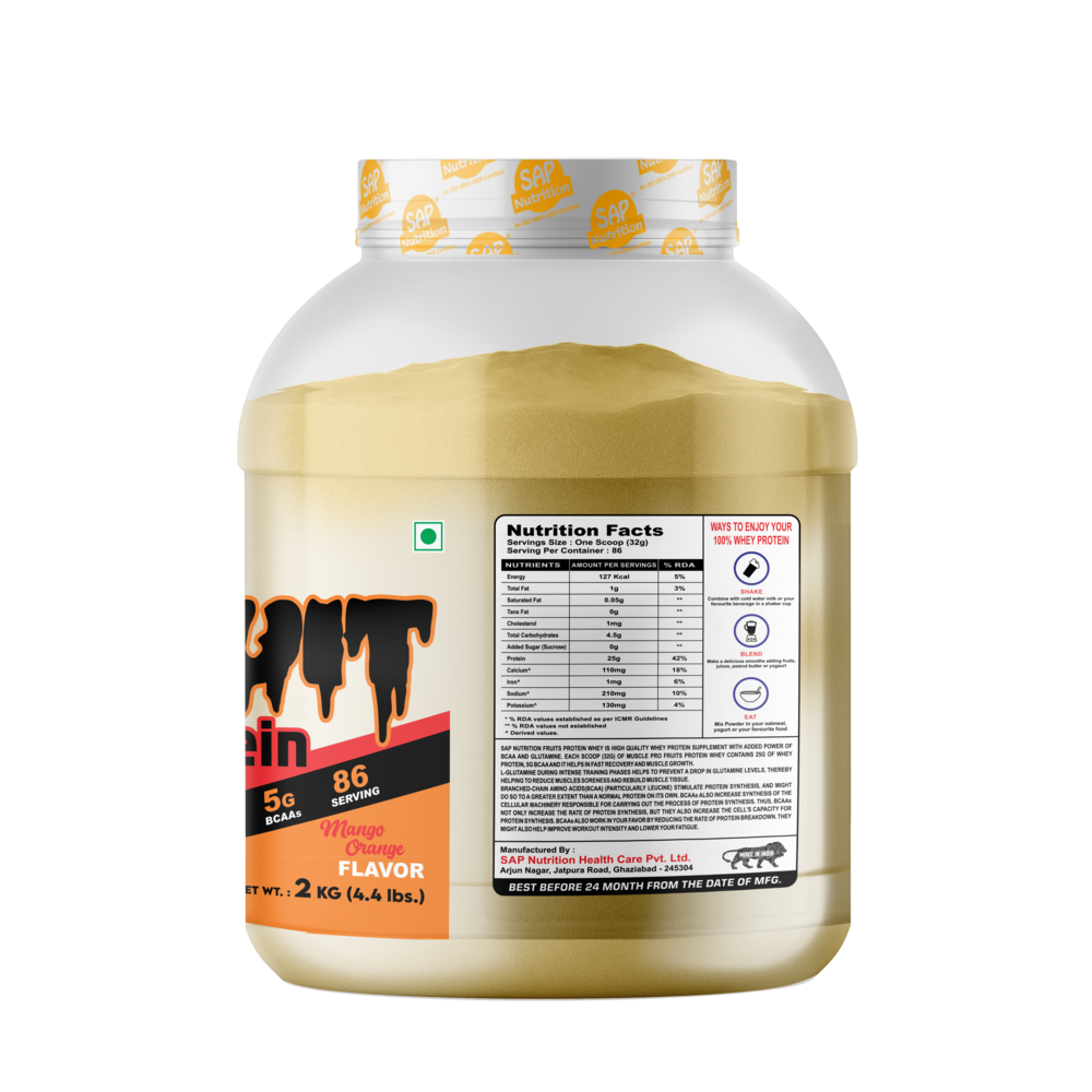 SAP Nutrition Fruit Protein, 25g Protein & 5g BCAAs – Mango Orange, 2kg - Image 3