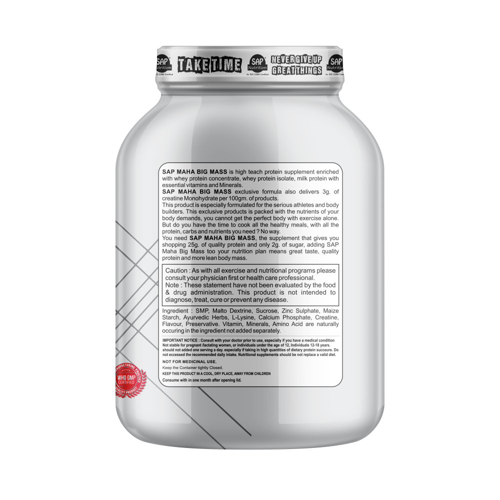 SAP Nutrition Shrink Maha Big Mass – 25g Protein with Creatine, L-Lysine & Arginine | 3kg - Image 2
